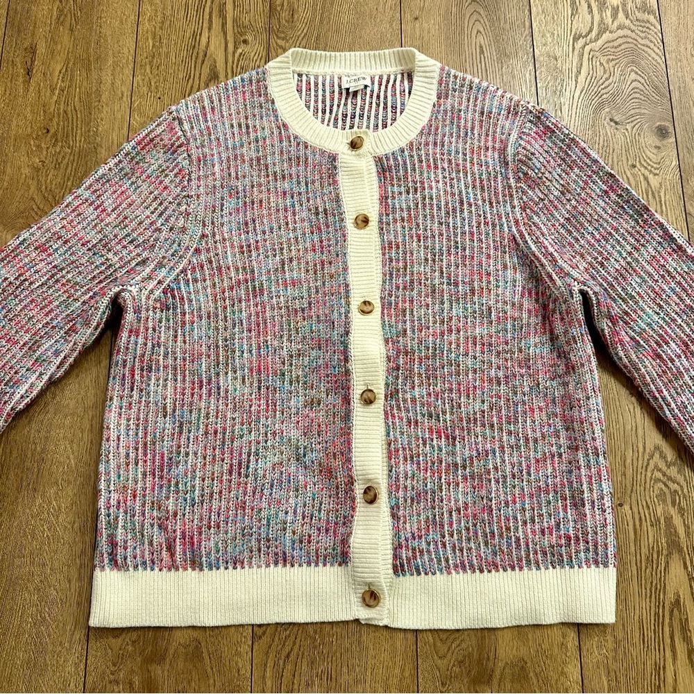 J. Crew Ladder Stitch Lady Cardigan Sweater Buttons Multicolor Cozy Size XL - Picture 2 of 8